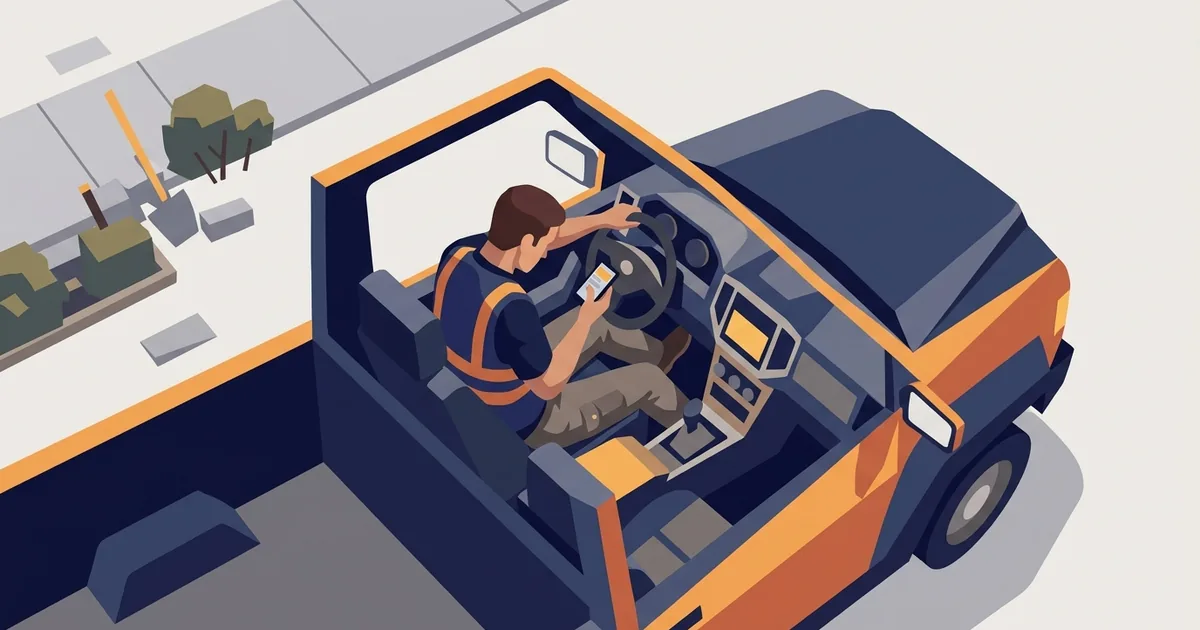 A contractor sitting in his truck writing an estimate on his cell phone.