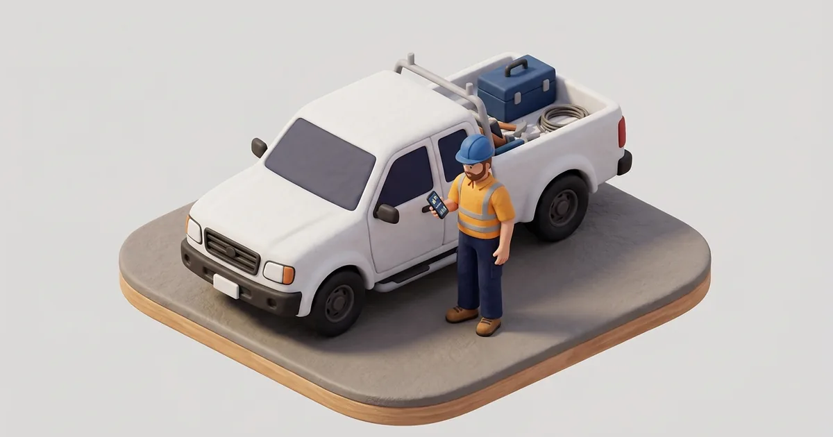 A contractor checking his phone next to his work truck while reviewing invoices.
